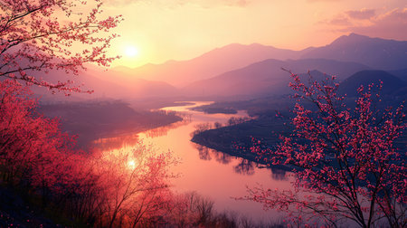 Beautiful spring landscape with river and mountains at sunset. Nature backgroundの素材