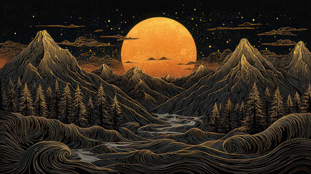 Landscape with mountains and river at night. Illustration in retro style.の素材