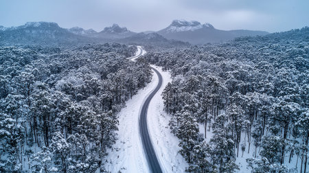 Aerial view of the road through the pine forest in winter.の素材