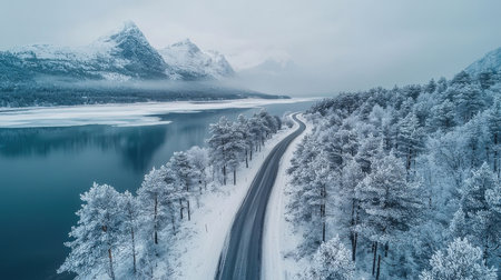 Aerial view of the road through the winter forest in Norway.の素材
