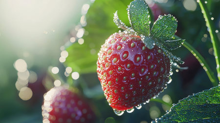 Strawberry with dew drops in the garden. Selective focus.の素材