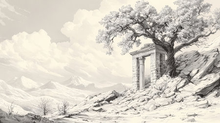 Digital painting of an ancient door in a snowy landscape with trees.の素材