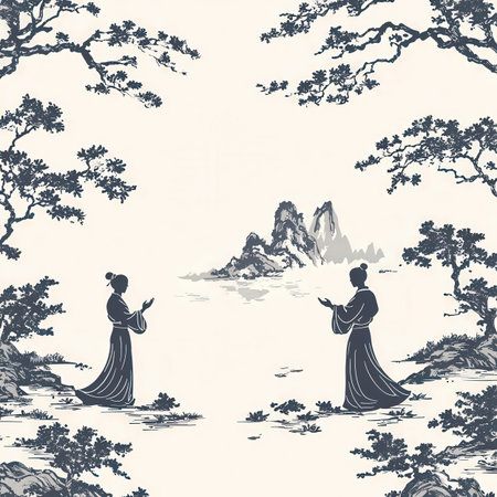Retro japanese style landscape background with a girl in a long dressの素材