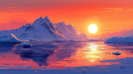 Fantasy Landscape with Icebergs at Sunset. 3D Renderingの素材