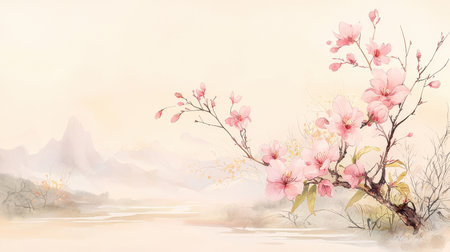 Watercolor background with sakura blossom. Hand drawn vector illustration.の素材