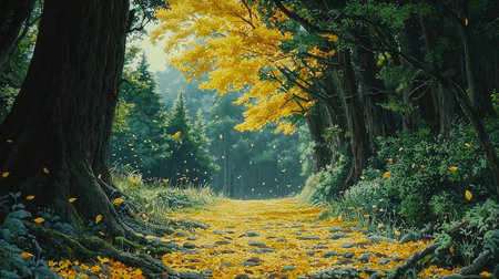 Autumn landscape with yellow leaves and the road in the forest.の素材