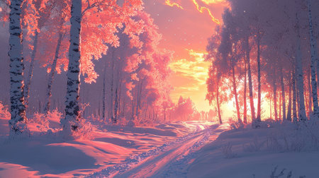 Snowy road in the winter forest at sunset. Landscape.の素材