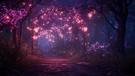 Path in the park at night with purple lanterns and pink flowersの素材