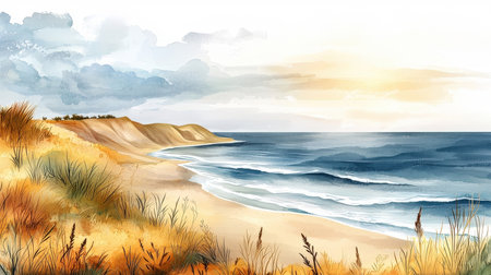 Beautiful seascape with sand dunes and sea. Digital painting.の素材