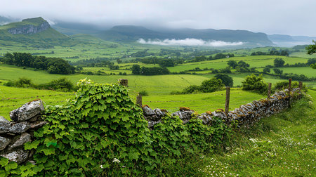 Beautiful landscape with green meadows and mountains in foggy morningの素材