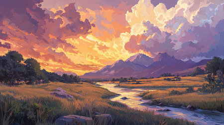 Beautiful landscape with mountains and river at sunset. Digital painting.の素材