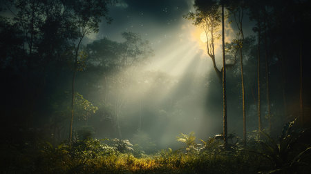 Sunlight in the misty forest at Phu Kradueng National Park, Loei, Thailandの素材