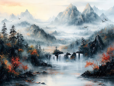 Digital painting of a misty landscape with a waterfall in the foregroundの素材