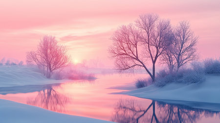 Winter landscape with trees and river at sunset. 3d illustration.の素材