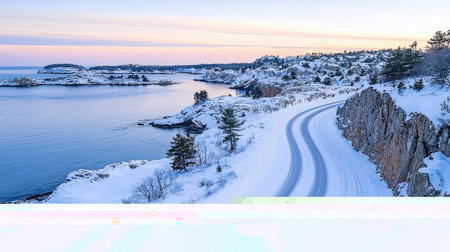 Beautiful winter landscape with frozen lake and road in Norway, Scandinaviaの素材