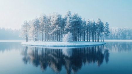 Foggy winter landscape with lake and pine trees. 3d renderingの素材
