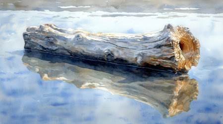 Old wooden log on water surface with reflection. Watercolor painting.の素材