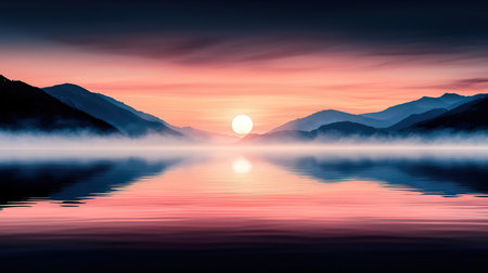 Beautiful sunrise over lake with mountains silhouettes in background. Nature composition.の素材