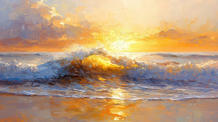 Beautiful seascape with waves at sunset. Digital painting.の素材