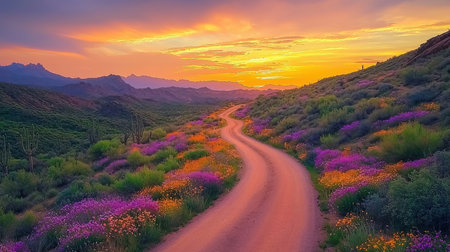 Beautiful sunset over the meadow with blooming wildflowersの素材