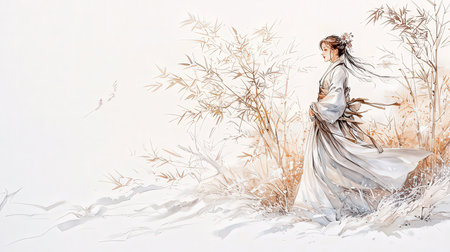 Fantasy image of a woman in a long white dress with a wreath of wildflowers in her hair.の素材