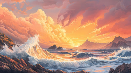 Beautiful seascape with mountains at sunset. 3D renderingの素材