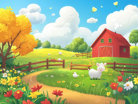 Countryside landscape with farm house, sheep and flowers. Vector illustration.の素材