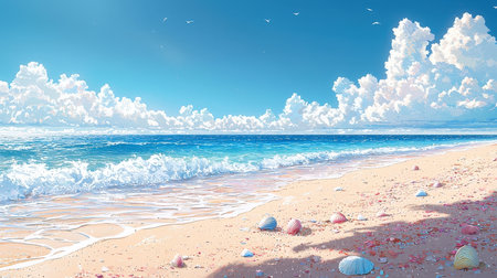 Beautiful seascape with blue sky and white clouds. 3d renderingの素材