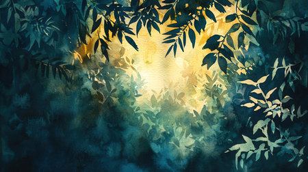 Silhouette of tree branches and leaves on blue watercolor backgroundの素材