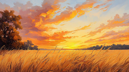 Beautiful sunset over the field with golden ears of wheat. Illustrationの素材