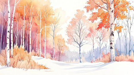 Winter forest landscape with trees and grass in watercolor style. Vector illustration.の素材