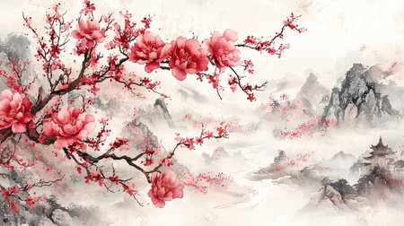 Chinese traditional painting. Watercolor painting on white background. Spring landscape.の素材