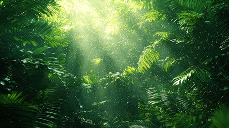 Green leaves of tropical palm tree with sunbeams and lens flareの素材