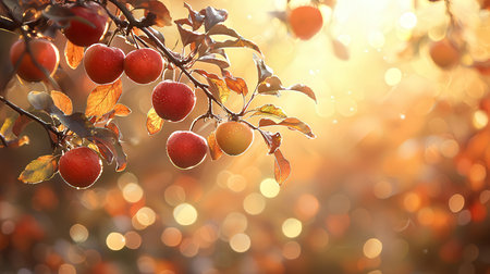 Red apples on a branch in the autumn garden. Bokeh backgroundの素材