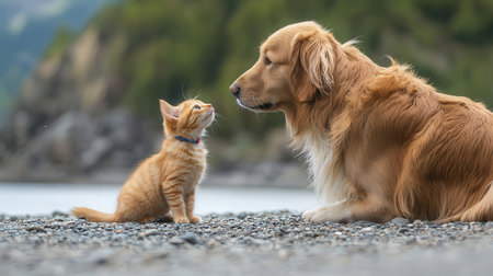 Golden Retriever dog and cat together on the beach by the seaの素材