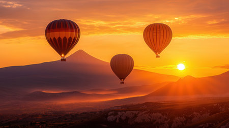 Hot air balloons flying over the mountains at sunrise. 3d renderingの素材