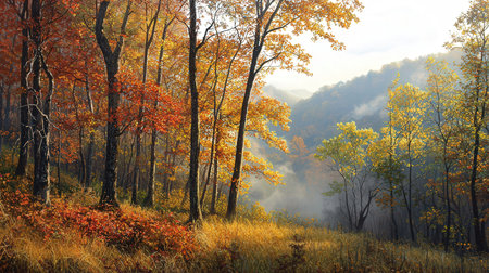Autumn forest in the fog. Landscape with autumn forest.の素材