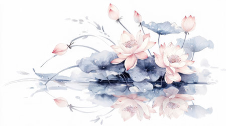 Watercolor painting of lotus flowers in style sumi-e, u-sin.の素材
