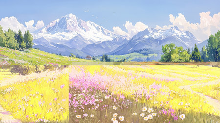 Digital painting of alpine meadow with wildflowers and mountains in backgroundの素材