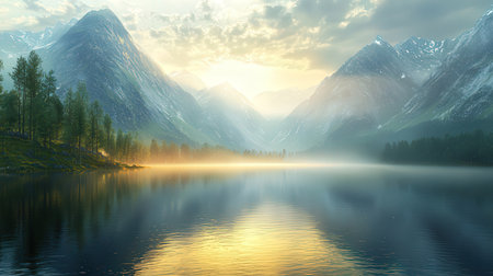 Beautiful mountain lake in the morning mist. Mountain lake in the morning mist.の素材