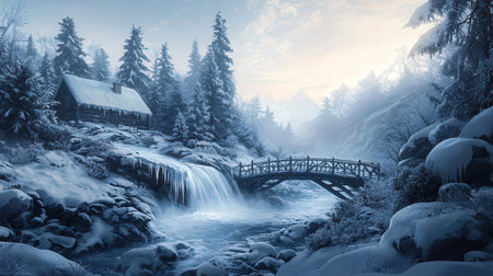 Fantastic winter landscape with snow covered trees and wooden bridge.の素材