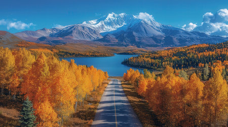 Autumn alpine landscape with lake, road and colorful forest.の素材
