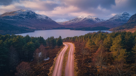 Aerial view of a road leading to Loch Lomond in Scotlandの素材