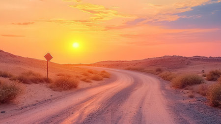 Sunset in the desert. Panoramic view of the road through the sand dunes.の素材