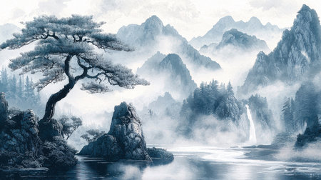 Digital painting of a pine tree on the edge of a mountain lakeの素材