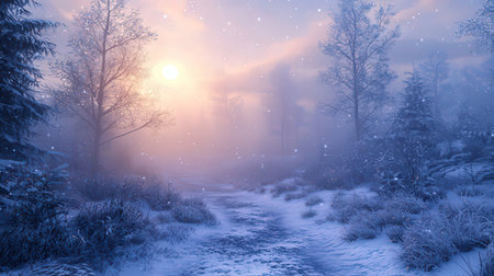 Foggy winter sunrise in the forest. Magical winter landscape.の素材