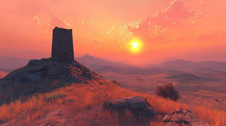 3D render of a fantasy landscape with a stone tower at sunsetの素材