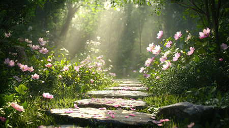 Path in the garden with pink flowers blooming in the morning.の素材