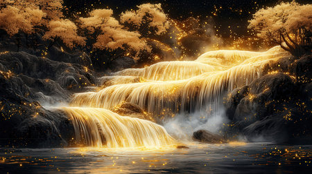 Illustration of waterfall in the forest with golden light and water reflectionの素材