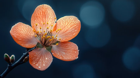 Apricot flowers with water drops on the petals and blurred backgroundの素材